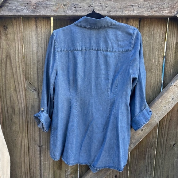 Soft Surroundings Washed Tencel Chambray Asymmetrical Button Front Blouse - Picture 8 of 9